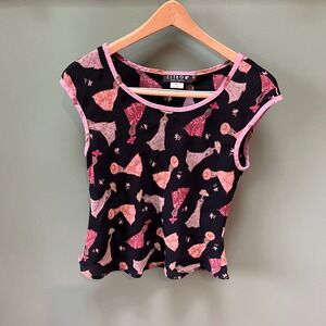 Citron Santa Monica Women's Black Pink Floral Dress Graphic Cap Sleeve Top M y2k